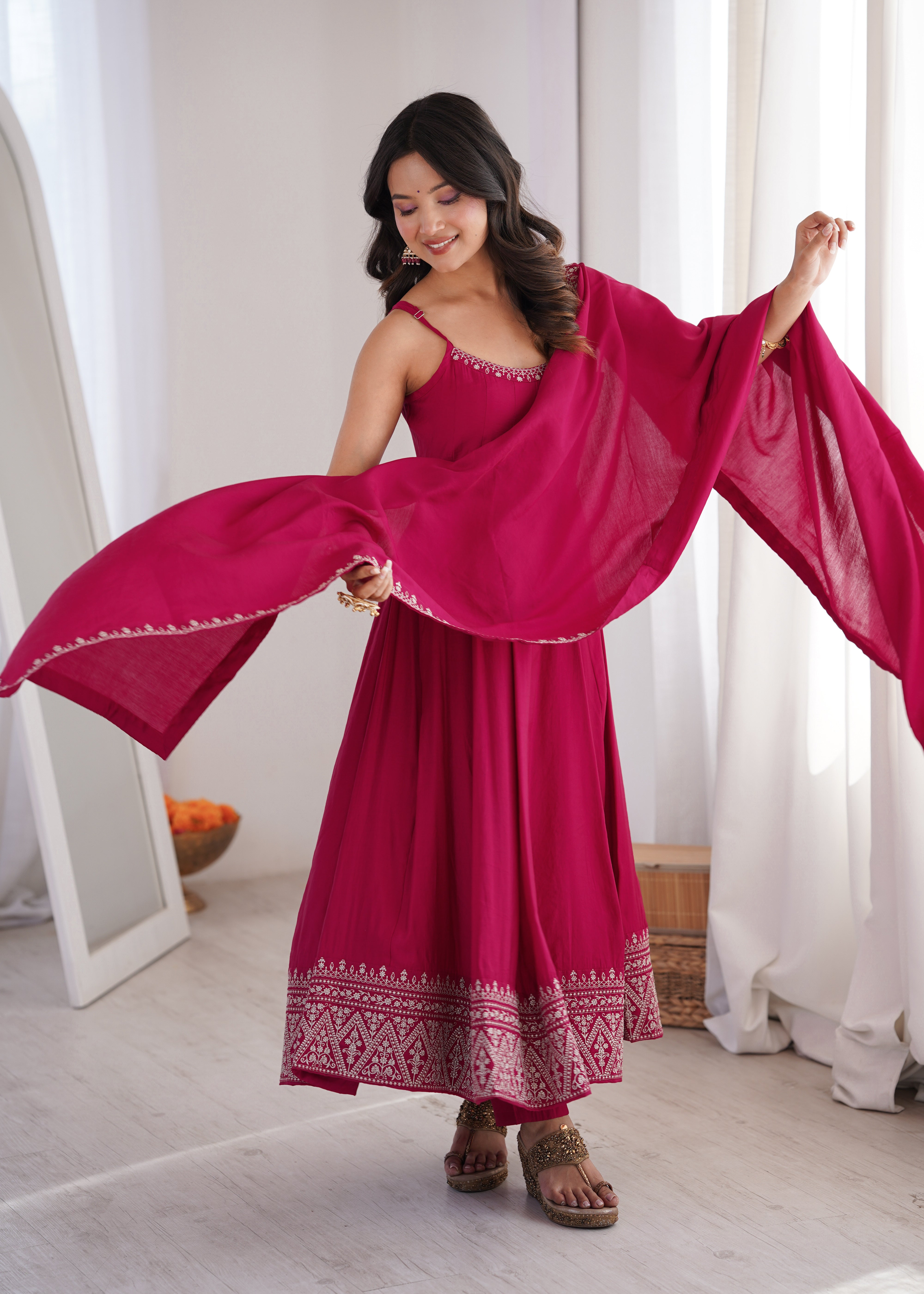 Premium Pure Romansilk Chanderi Flared Anarkali Gown Set