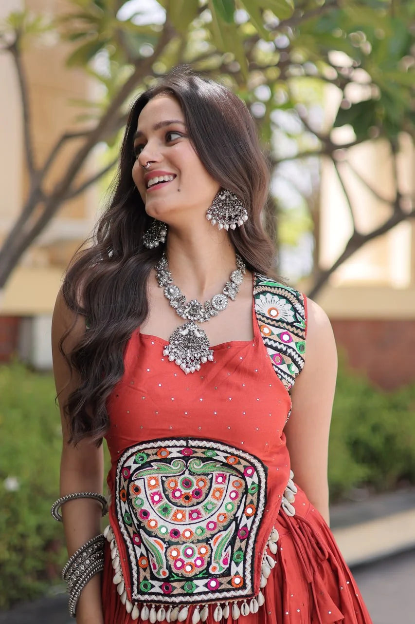 Reyon Navratri Lehenga Choli with Mukesh & Gamthi Mirror Work