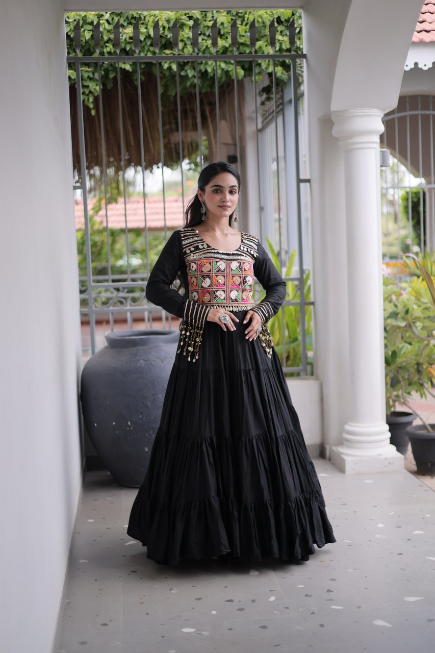Reyon Navratri Gown with Kutchi Gamthi Embroidery & Mirror Work
