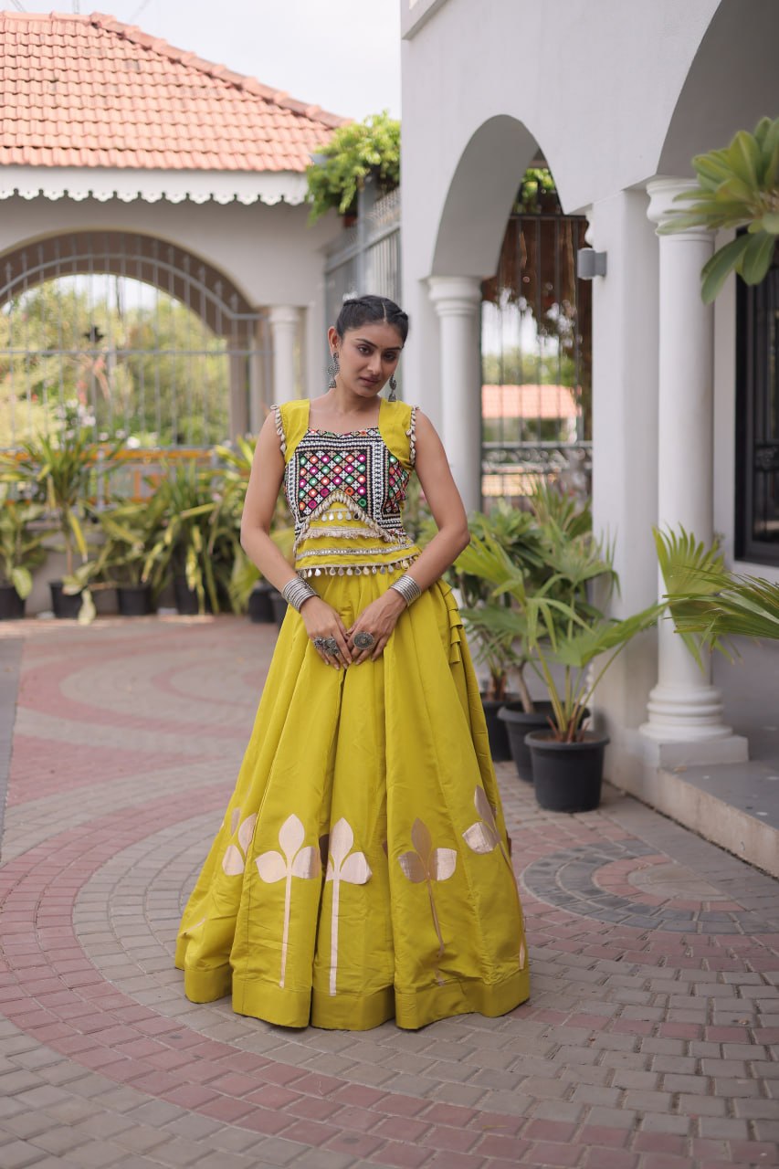 Premium Roman Silk Navratri Lehenga Choli with Pan-Patti Gota & Mirror Lace Work