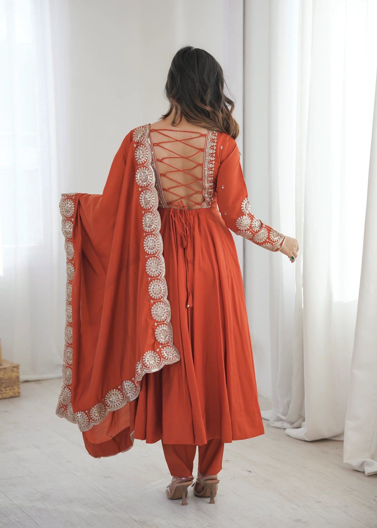 Premium Roman Silk Anarkali Gown with Embroidery & Sequin Work