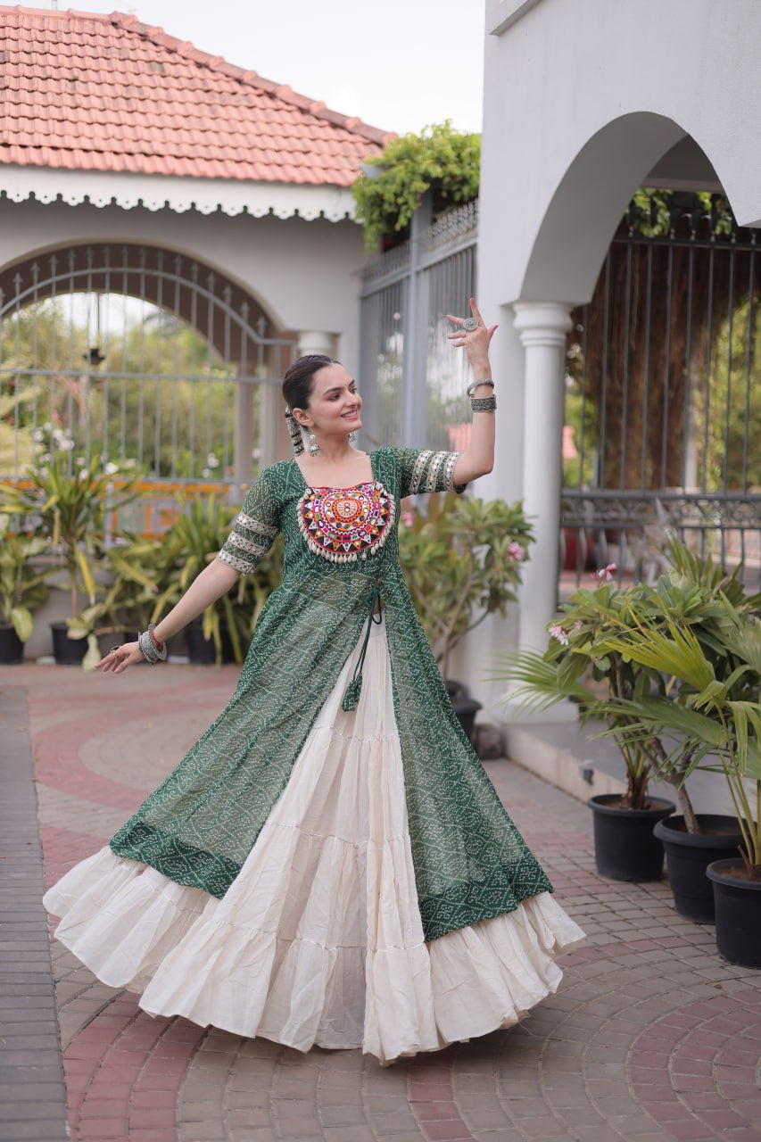 Premium Kora Cotton Navratri Lehenga with Bandhani Print & Kutchi Patchwork Kurti