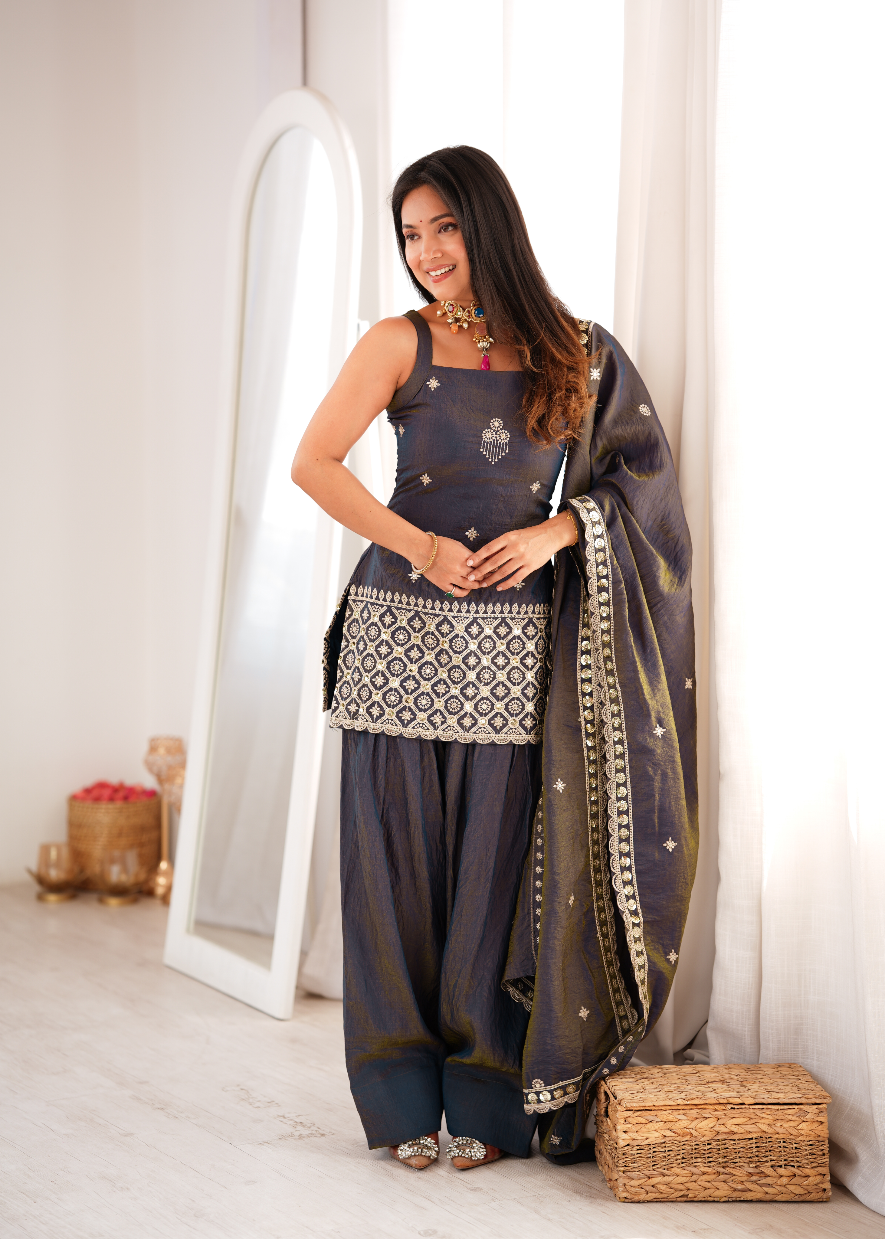 Premium NC Vichitra Silk Embroidered Farshi Shalwar Set
