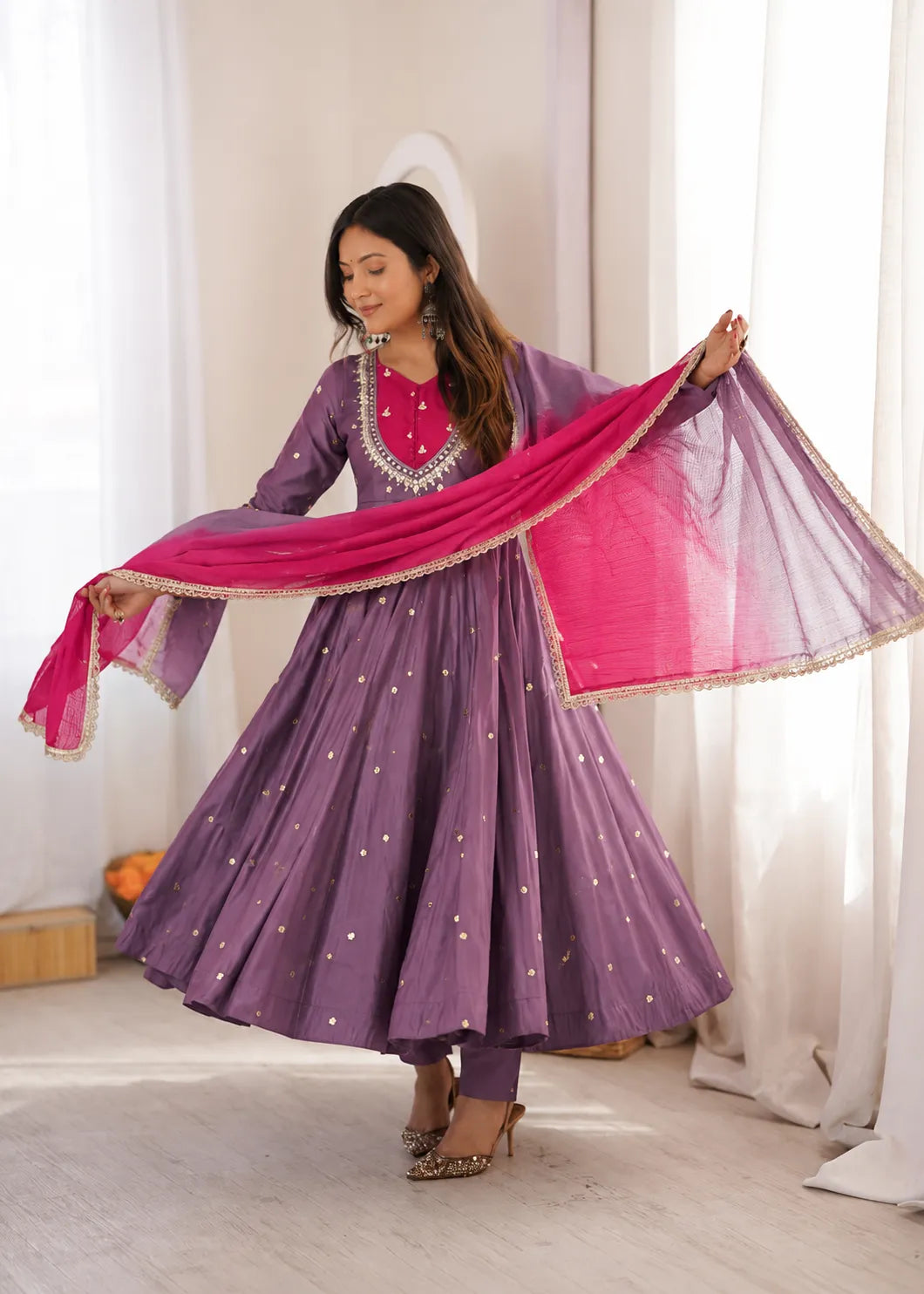 Premium Roman Silk Anarkali Gown with Embroidery, Sequin & Real Mirror Work
