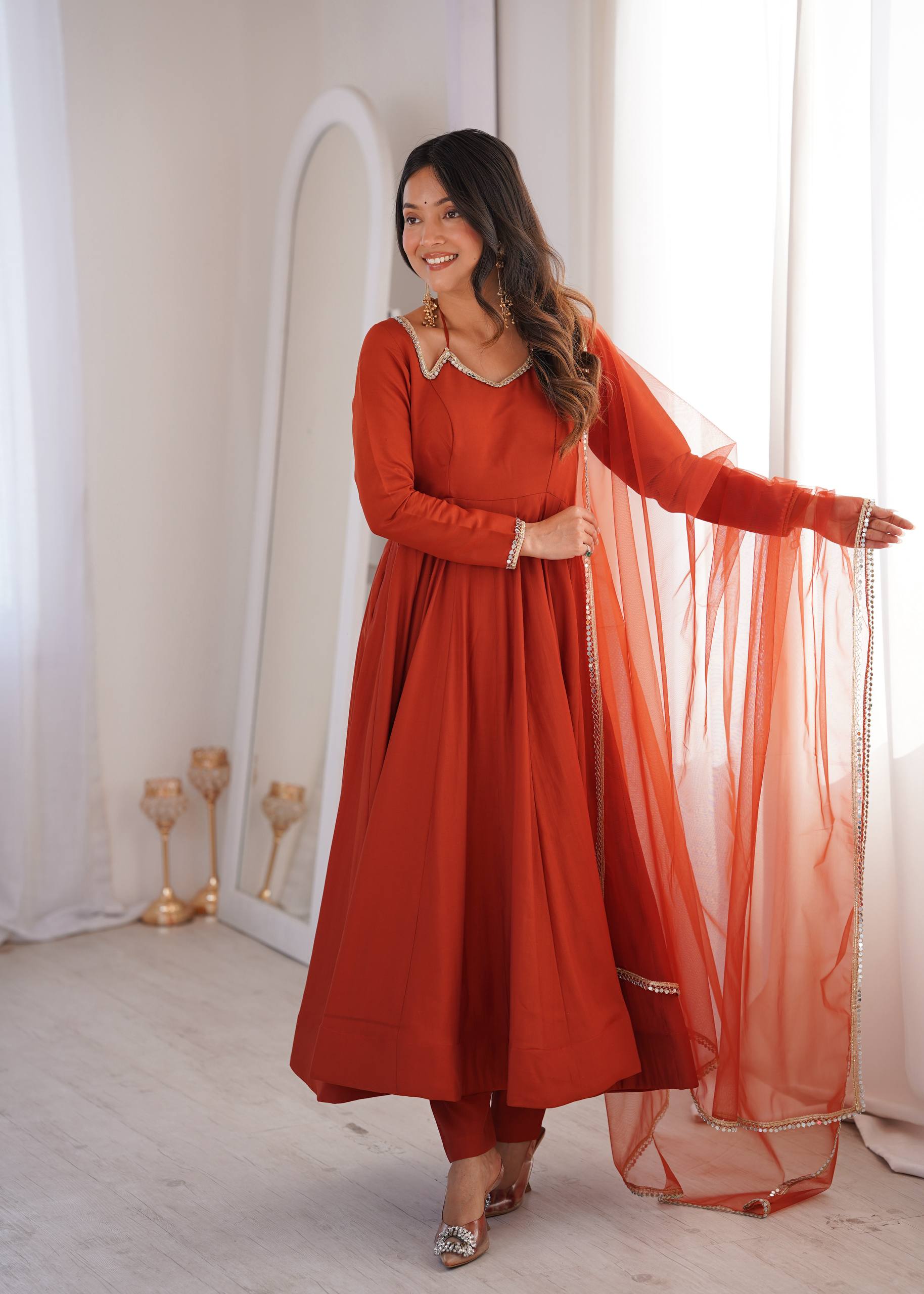 Premium Roman Silk Chanderi Anarkali Gown Set with Dupatta & Pant