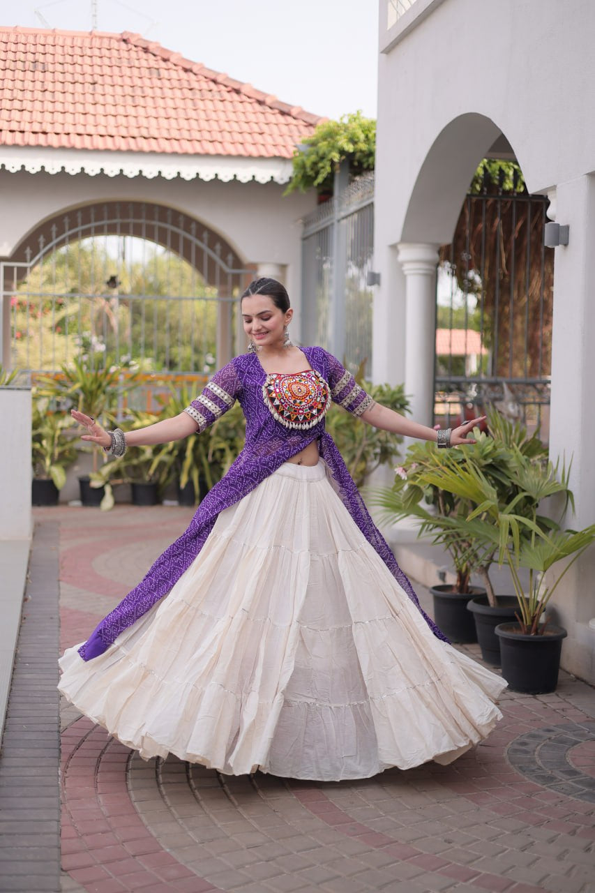 Premium Kora Cotton Navratri Lehenga with Bandhani Print & Kutchi Patchwork Kurti