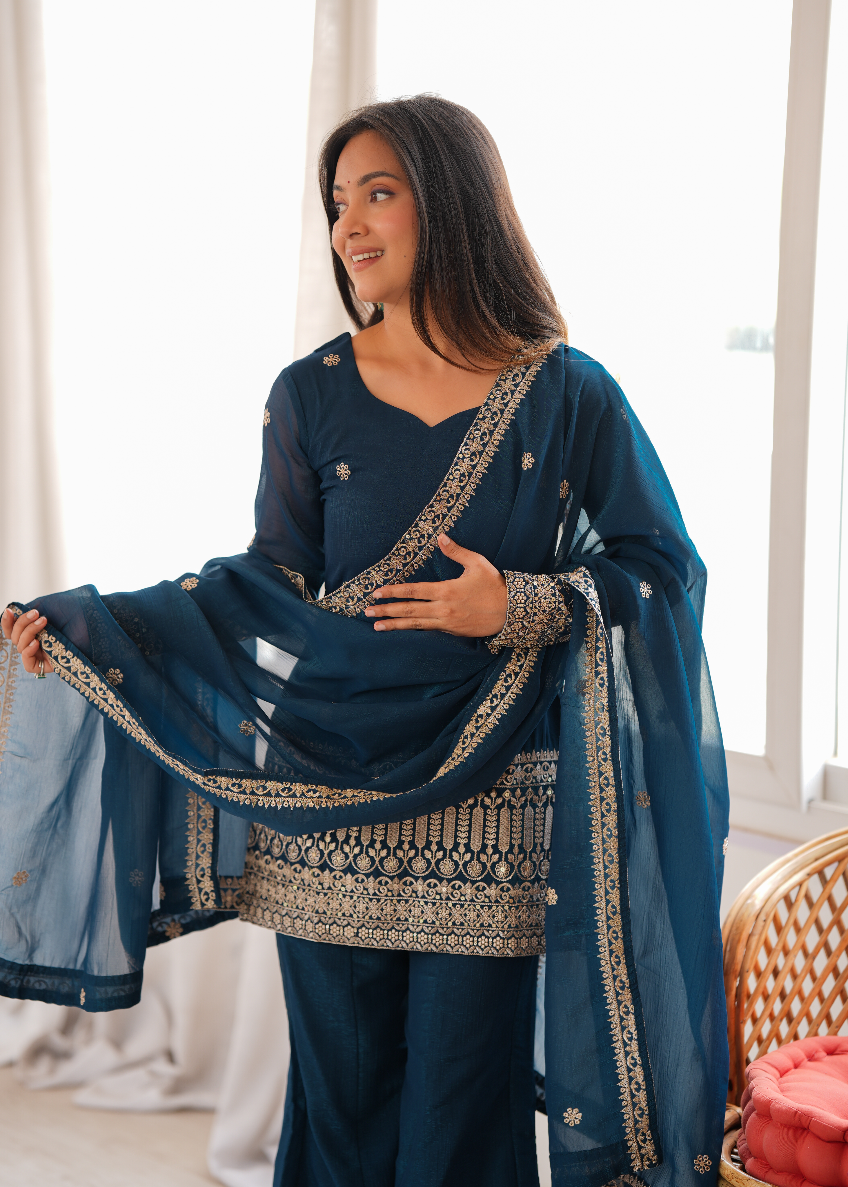 Premium Crunchy Silk Embroidered Bell Bottom Set