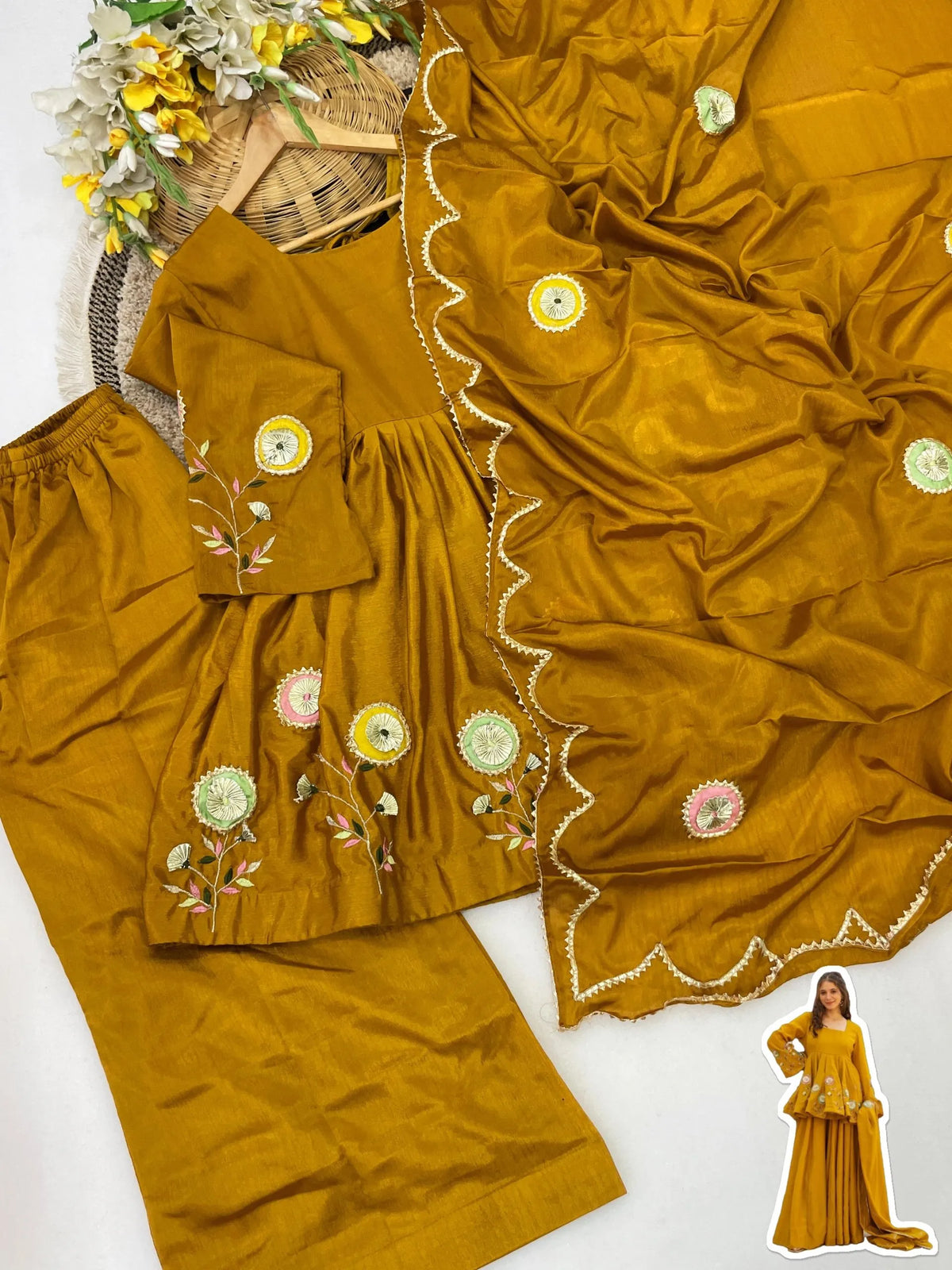 Premium Soft Chinon Palazzo Set with Hand Patch Gota Work & Designer Dupatta
