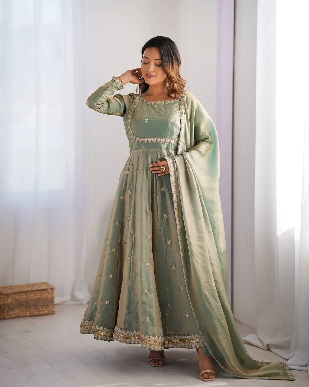 Premium Fandy Silk Gown Set with Coding, Sequin & Thread Work Dupatta