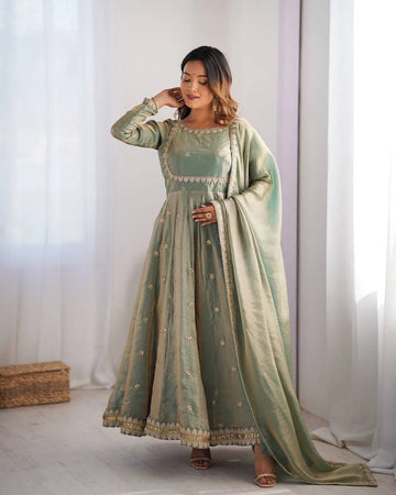 Premium Fandy Silk Gown Set with Coding, Sequin & Thread Work Dupatta
