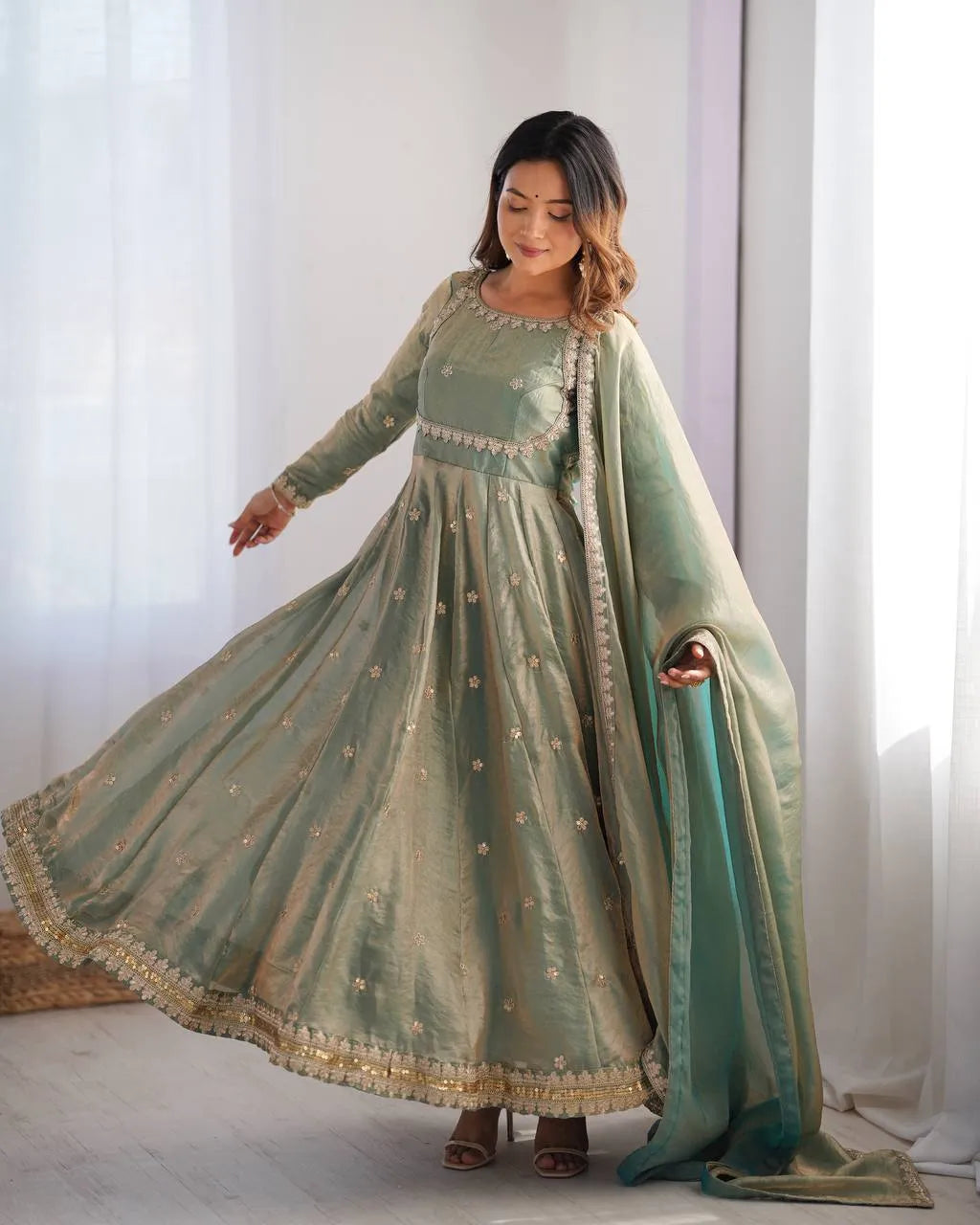 Premium Fandy Silk Gown Set with Coding, Sequin & Thread Work Dupatta
