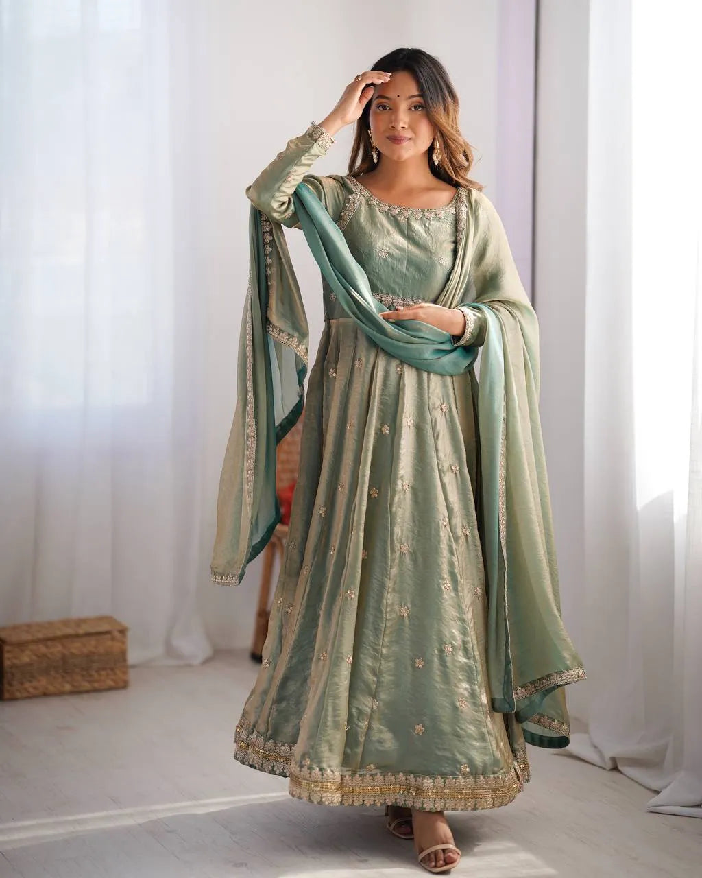 Premium Fandy Silk Gown Set with Coding, Sequin & Thread Work Dupatta