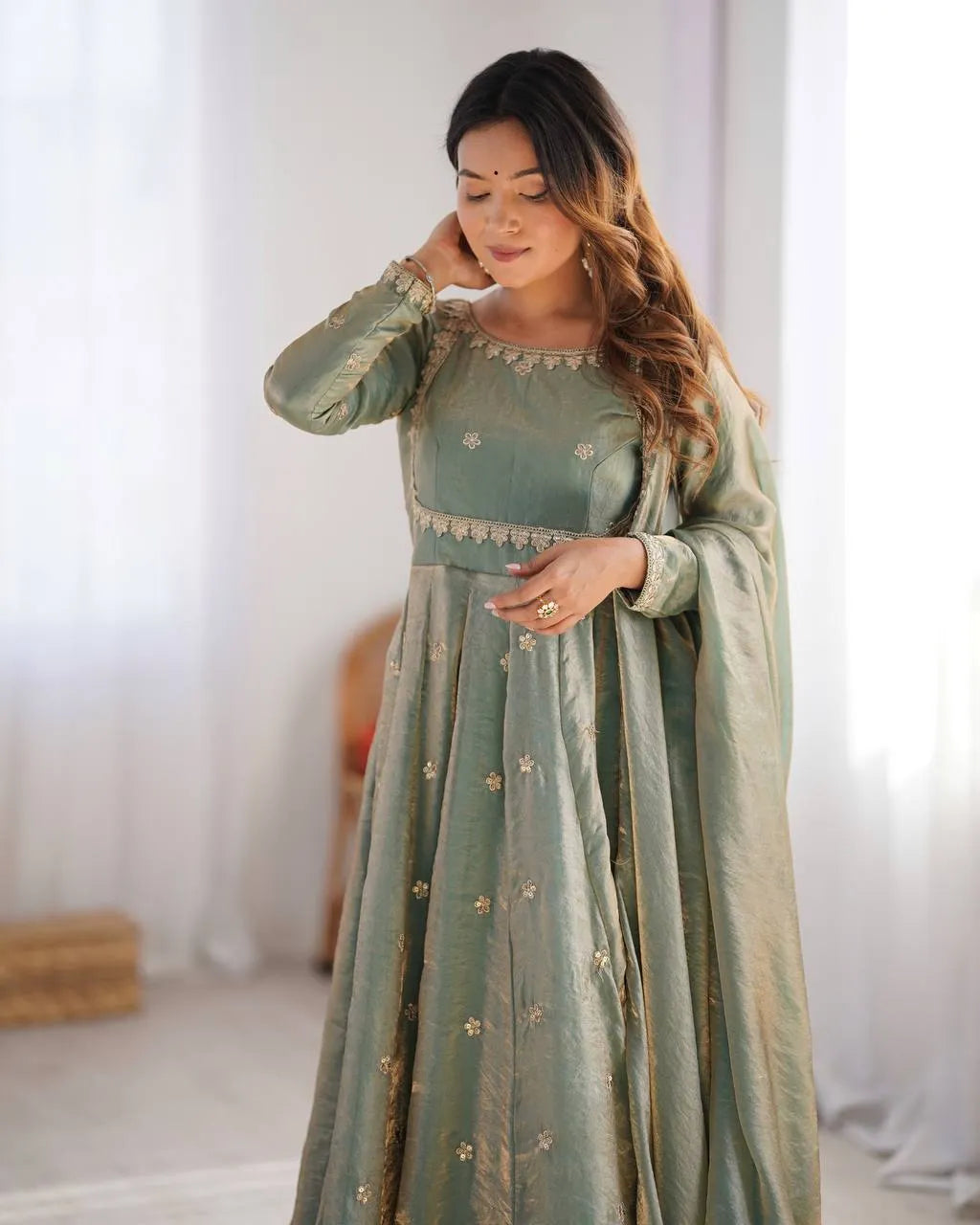 Premium Fandy Silk Gown Set with Coding, Sequin & Thread Work Dupatta