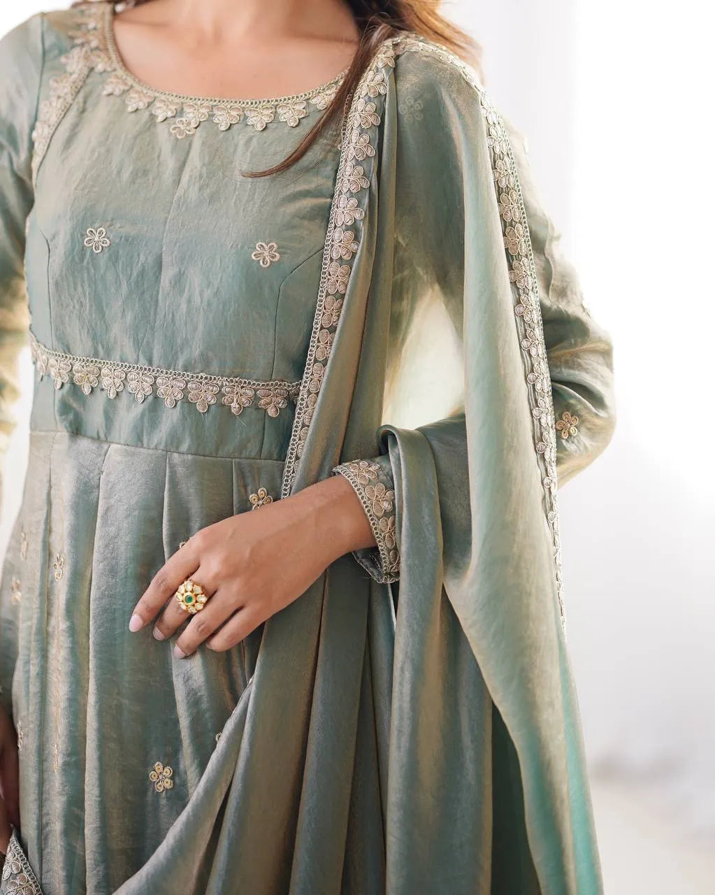 Premium Fandy Silk Gown Set with Coding, Sequin & Thread Work Dupatta