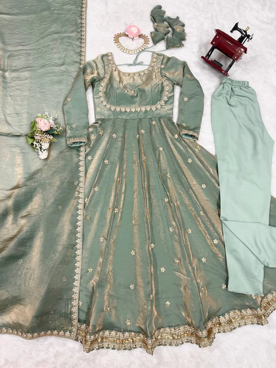 Premium Fandy Silk Gown Set with Coding, Sequin & Thread Work Dupatta
