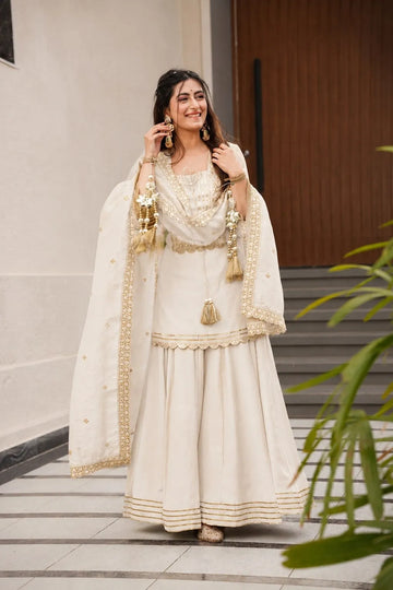 Premium Soft Chinon Palazzo Set with Embroidery, Sequin & Gota Work
