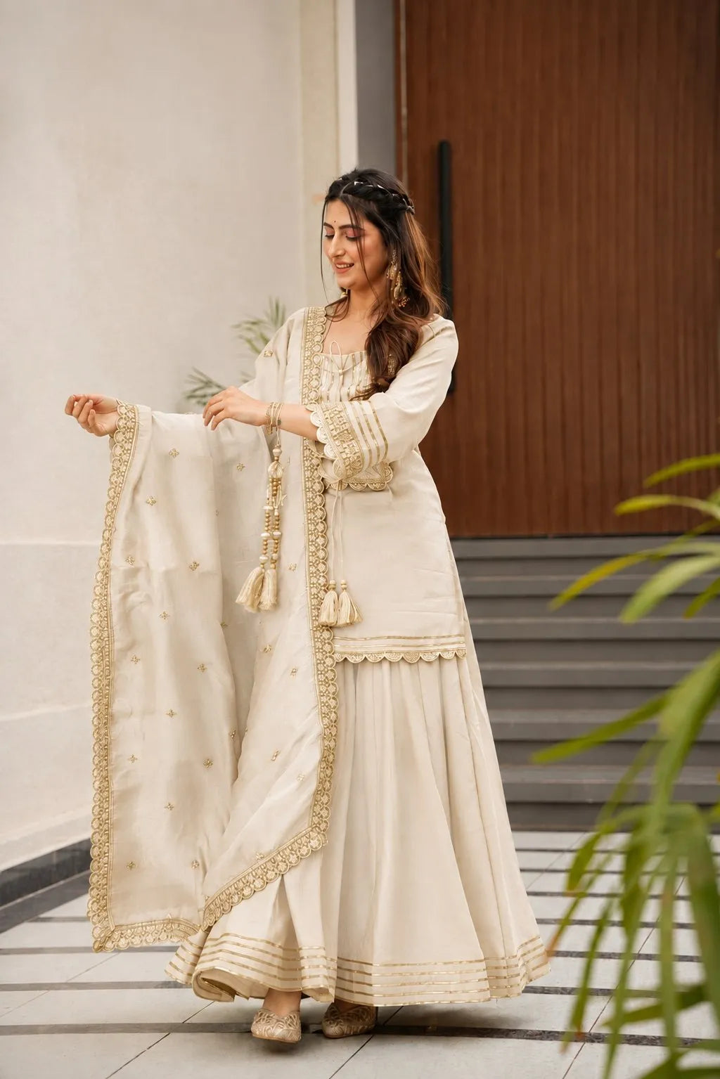 Premium Soft Chinon Palazzo Set with Embroidery, Sequin & Gota Work