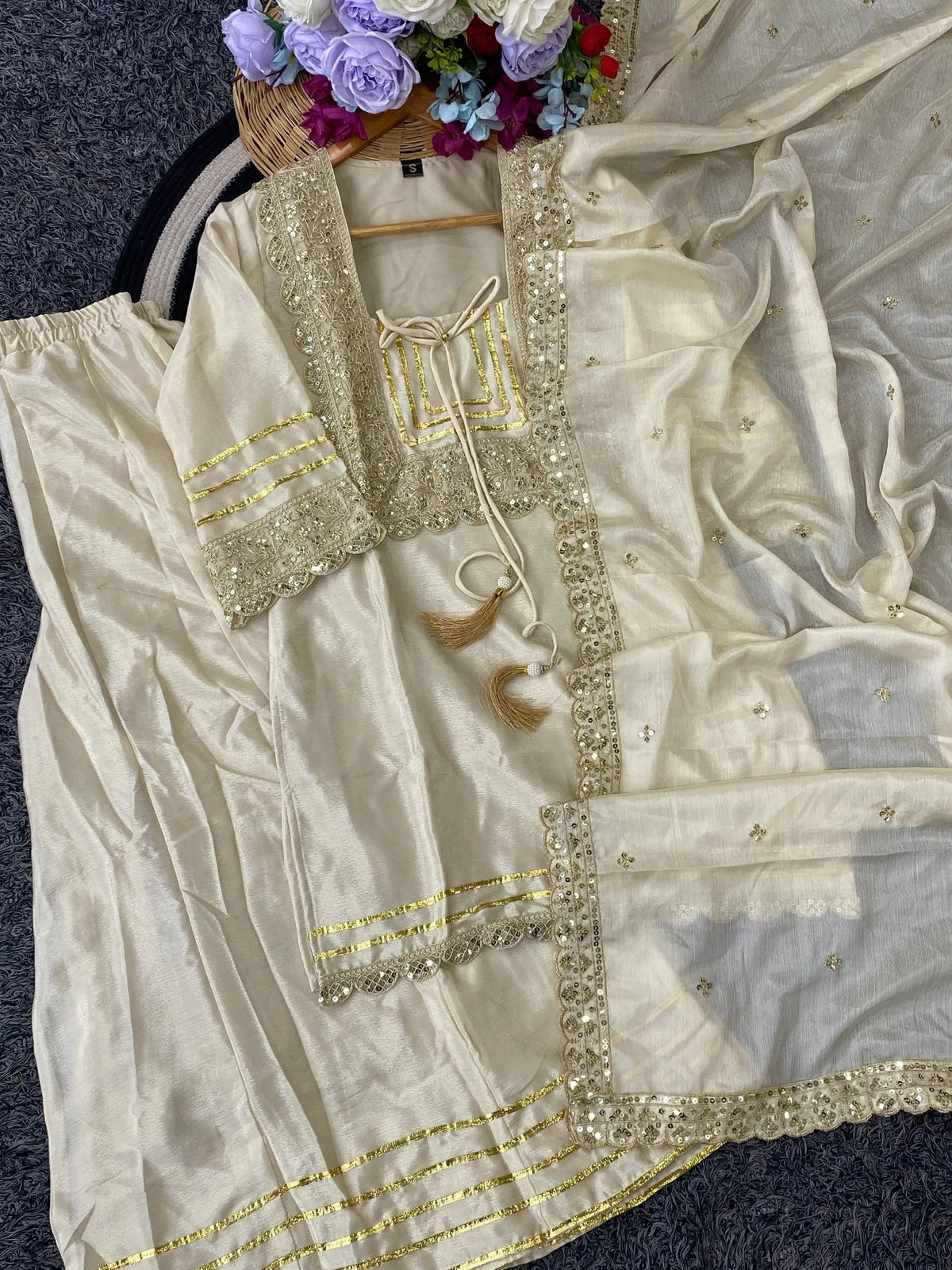 Premium Soft Chinon Palazzo Set with Embroidery, Sequin & Gota Work