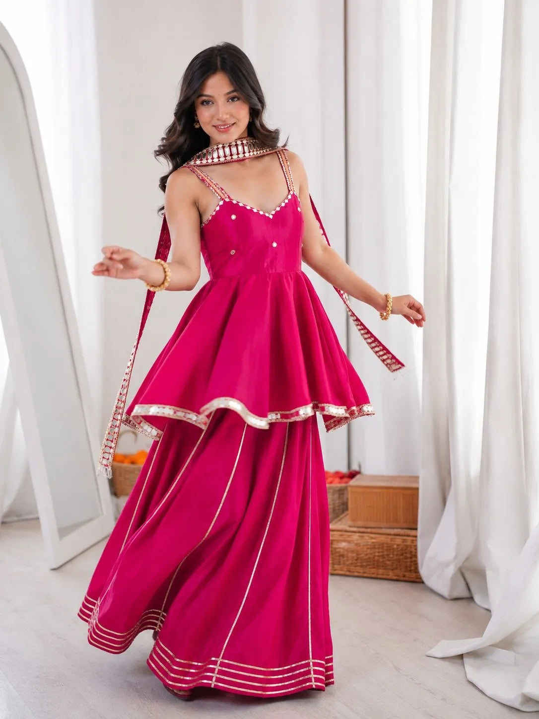 Premium Soft Chinon Palazzo Set with Original Mirror Work, Gota Patti & Stylish Belt
