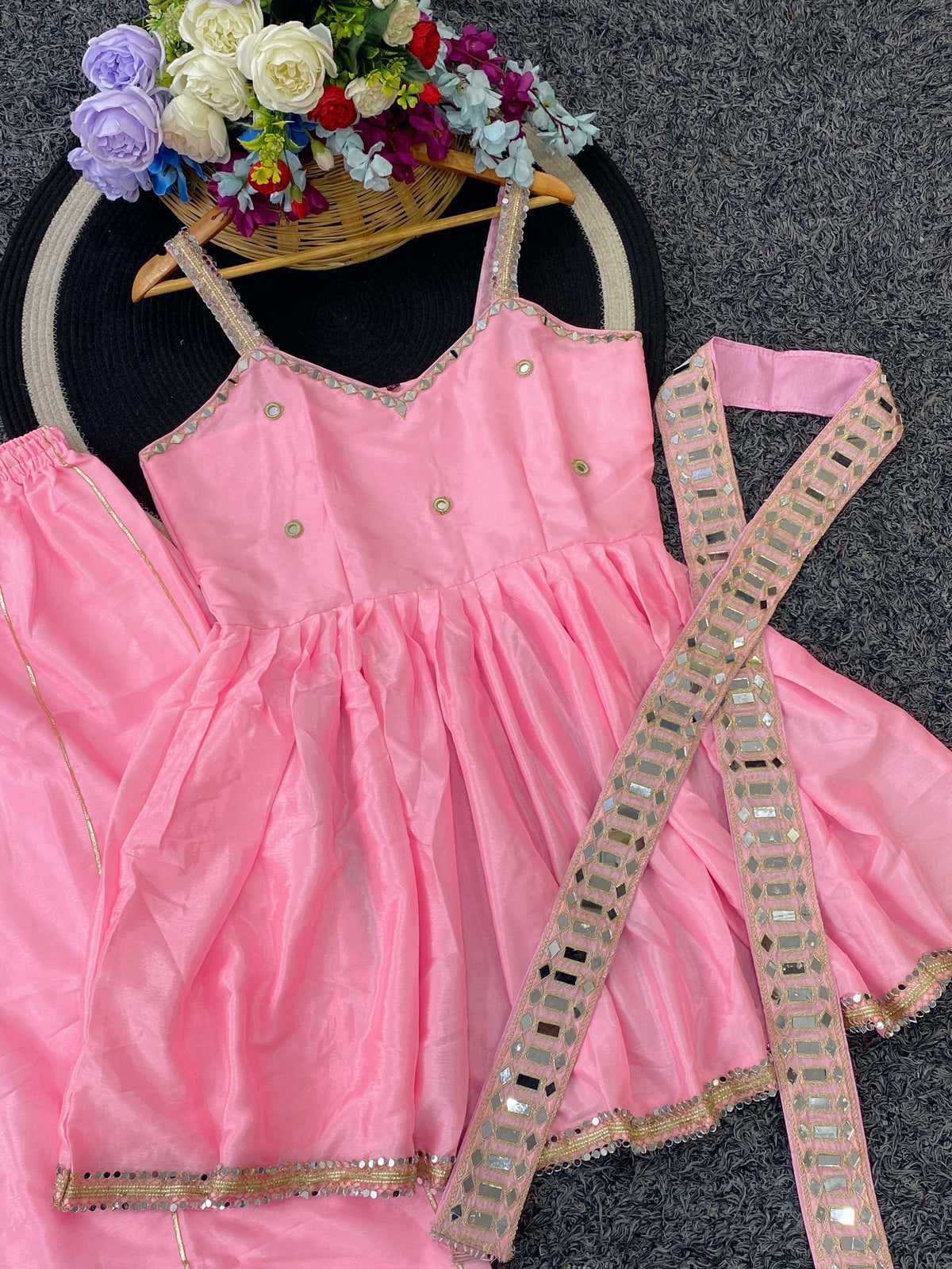 Premium Soft Chinon Palazzo Set with Original Mirror Work, Gota Patti & Stylish Belt