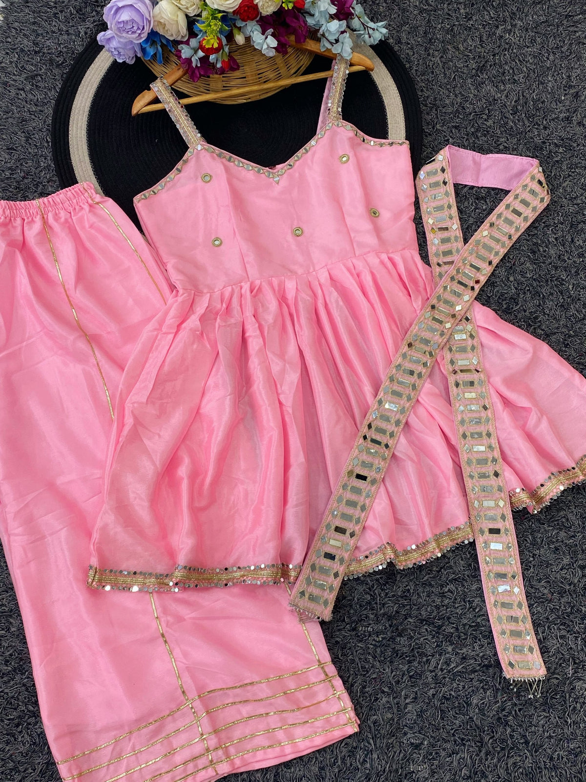 Premium Soft Chinon Palazzo Set with Original Mirror Work, Gota Patti & Stylish Belt